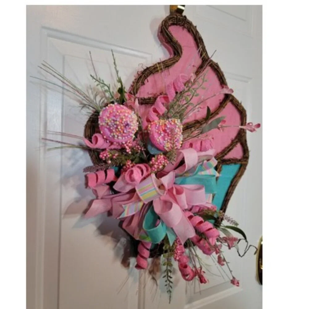 Cupcake Wreath, Pink Blue Birthday Cupcake Front Door Wreath, Hand Crafted